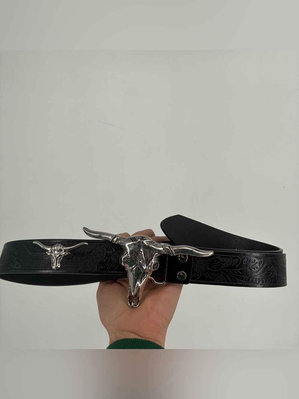 Western Bull Horns Black Embossed Belt Faux Leather Silver Studded Rodeo